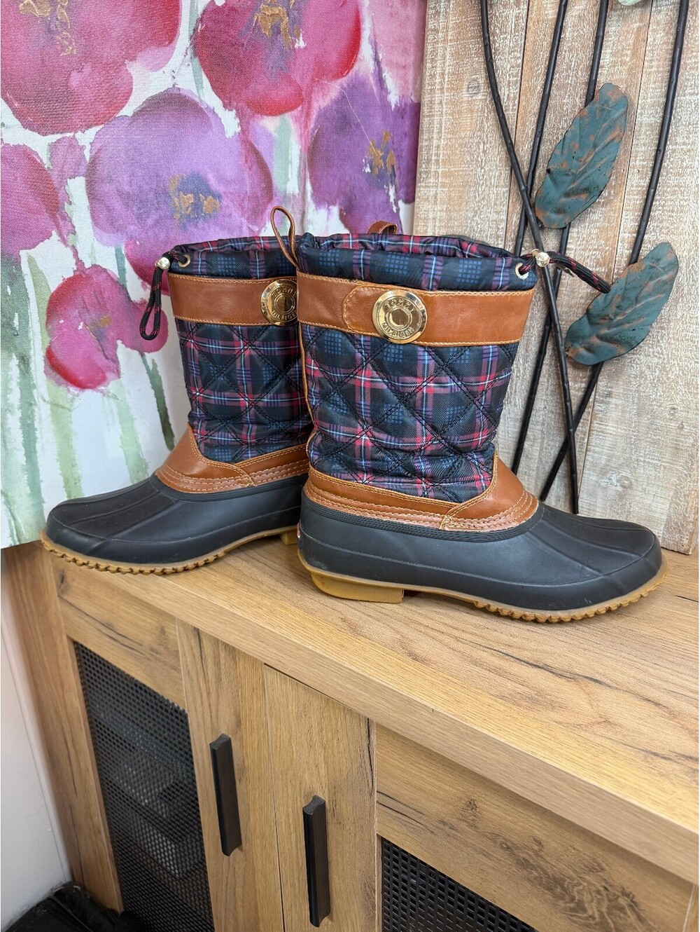 Tommy Hilfiger Women's Quilted Plaid Rain Boots Size 8 Navy